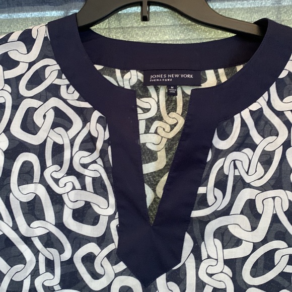 Jones New York Signature Navy and White Sz M Chain Link design cotton 3/4 sleeve - Picture 3 of 6